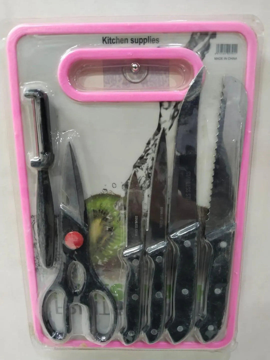 Stainless Steel Knife Set Black Silver Pink Packaging
