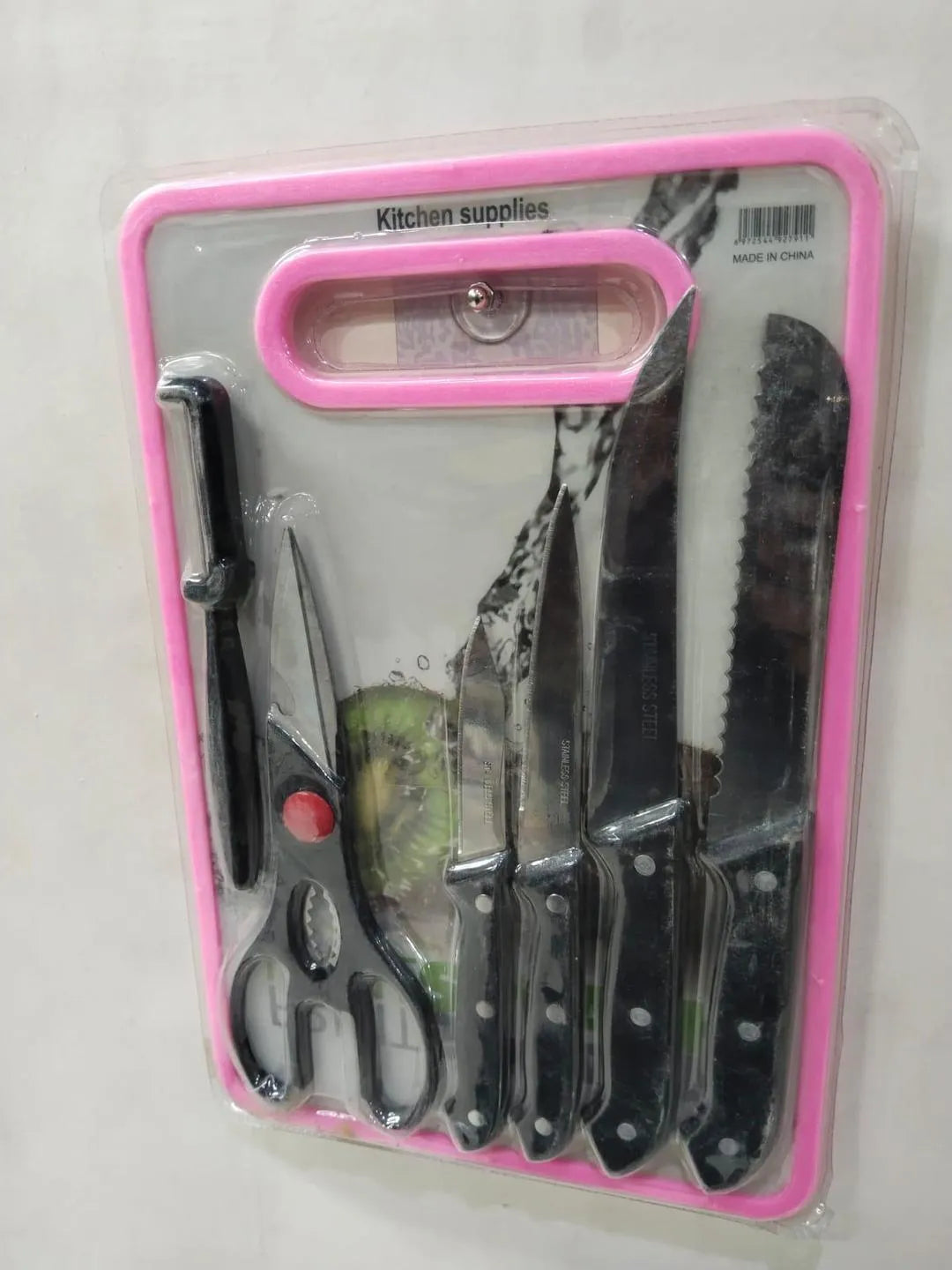 Stainless Steel Knife Set Black Silver Pink Packaging