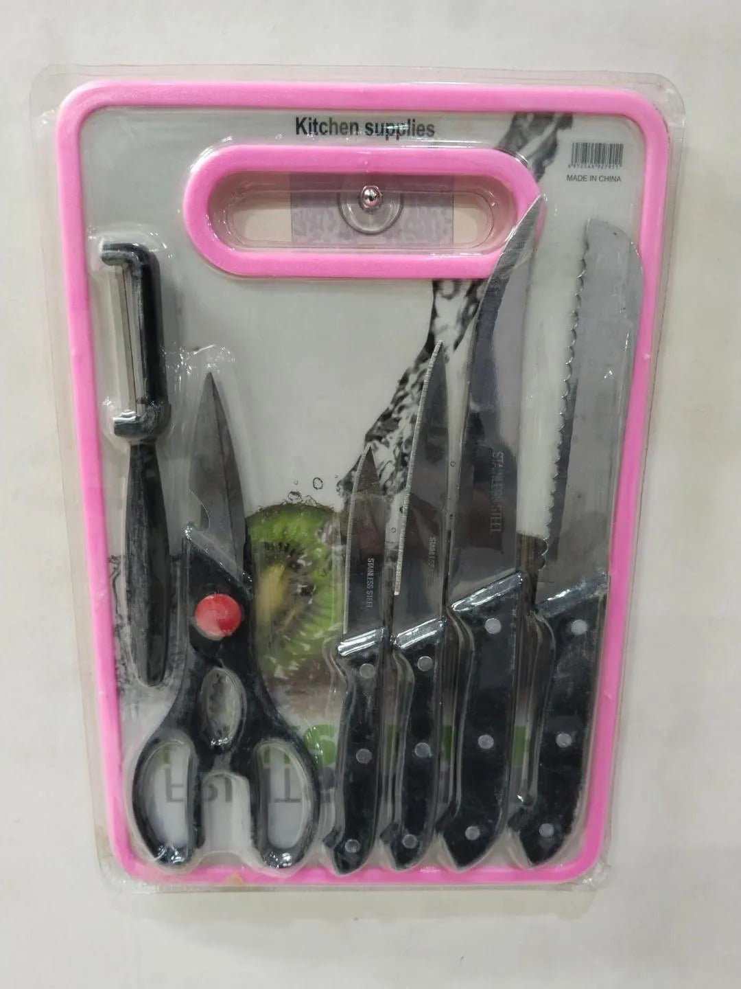 Stainless Steel Knife Set Black Silver Pink Packaging