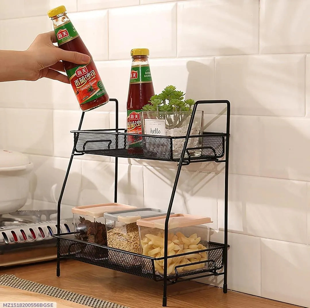 Two Tier Spice Rack Black Stainless Steel Kitchen Storage