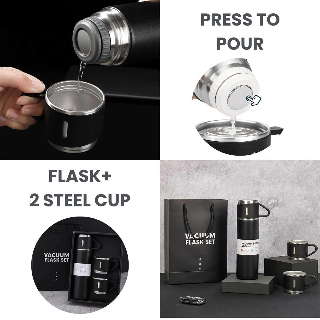 Black Stainless Steel Vacuum Flask Set for Hot Cold Drinks
