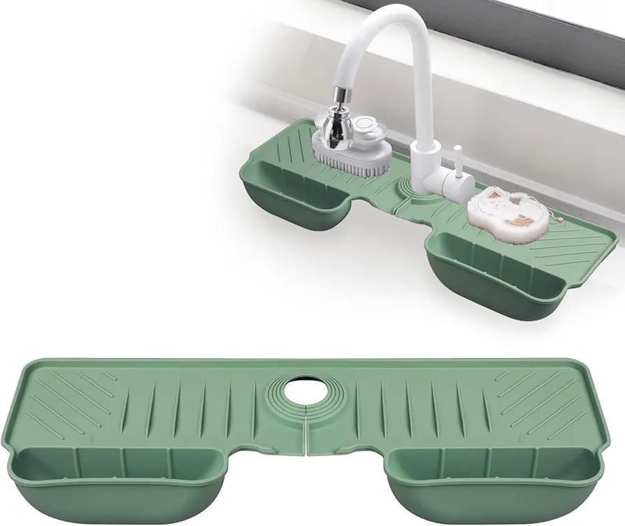 Silicone Faucet Splash Guard Mat with Sponge Holder �Green Sink Water Catcher & Kitchen Organizer