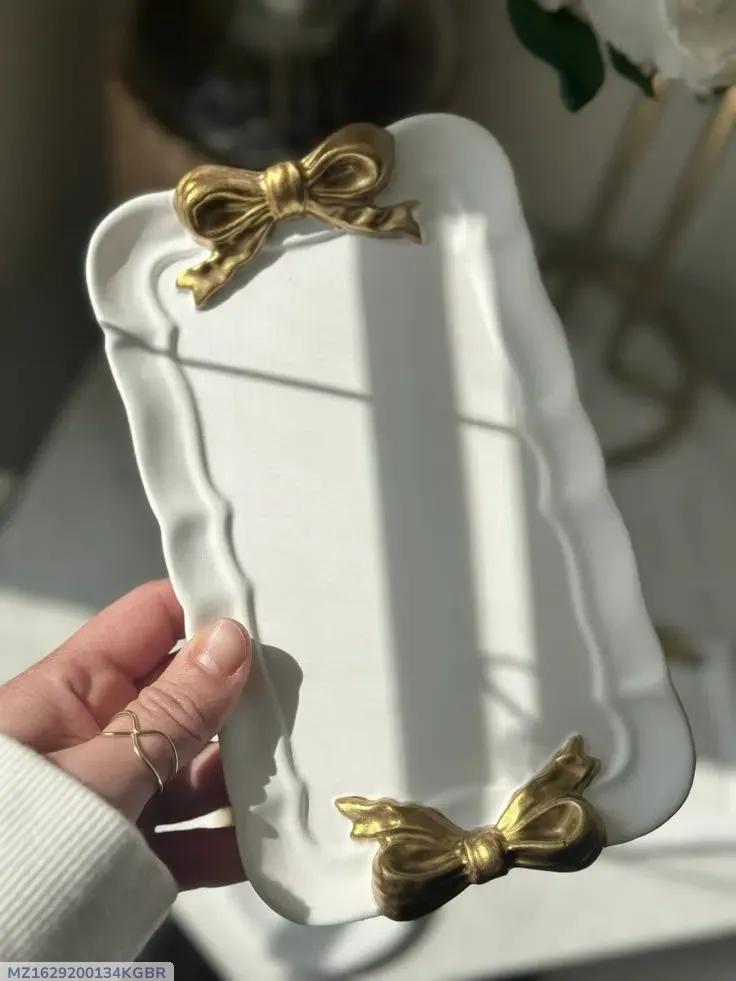 Ceramic Jewelry Tray with Gold Bow Design 7.8x4.4"