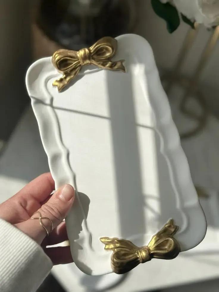 Ceramic Jewelry Tray with Gold Bow Design 7.8x4.4"