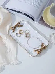 Ceramic Jewelry Tray with Gold Bow Design 7.8x4.4"