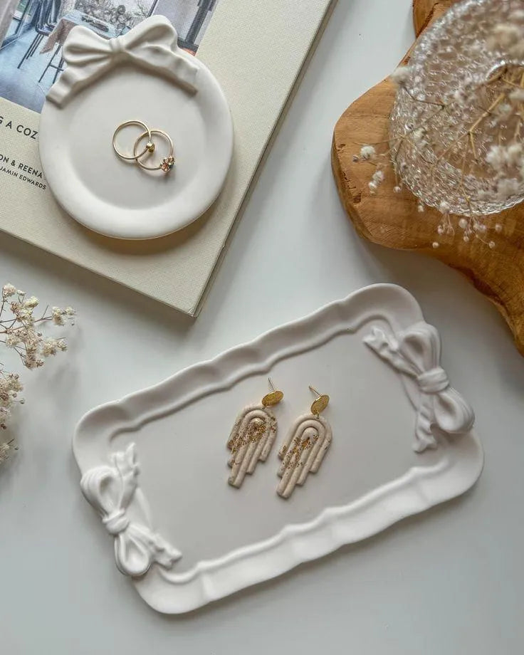 Ceramic Jewelry Tray with Gold Bow Design 7.8x4.4"