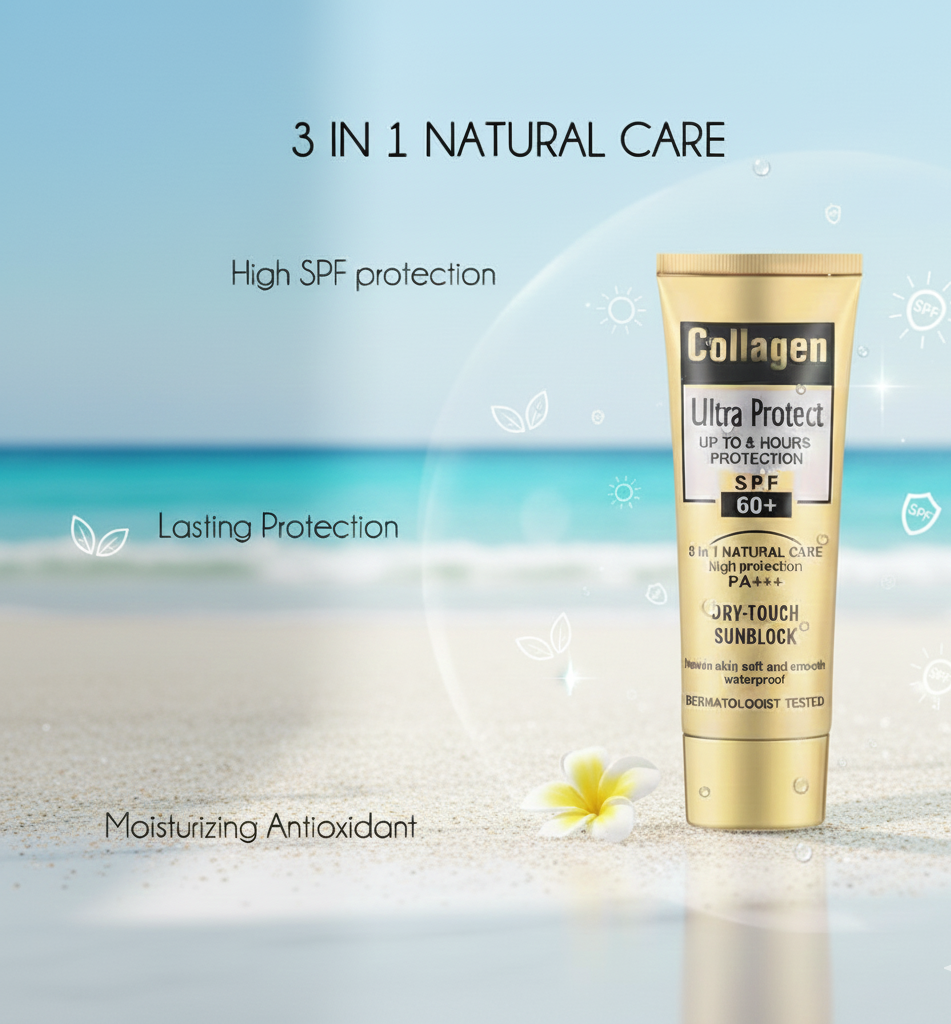 Collagen Ultra Protect Sunblock: High SPF 60+ PA+++, 3-in-1 Natural Care for Lasting, Moisturizing, and Waterproof Protection