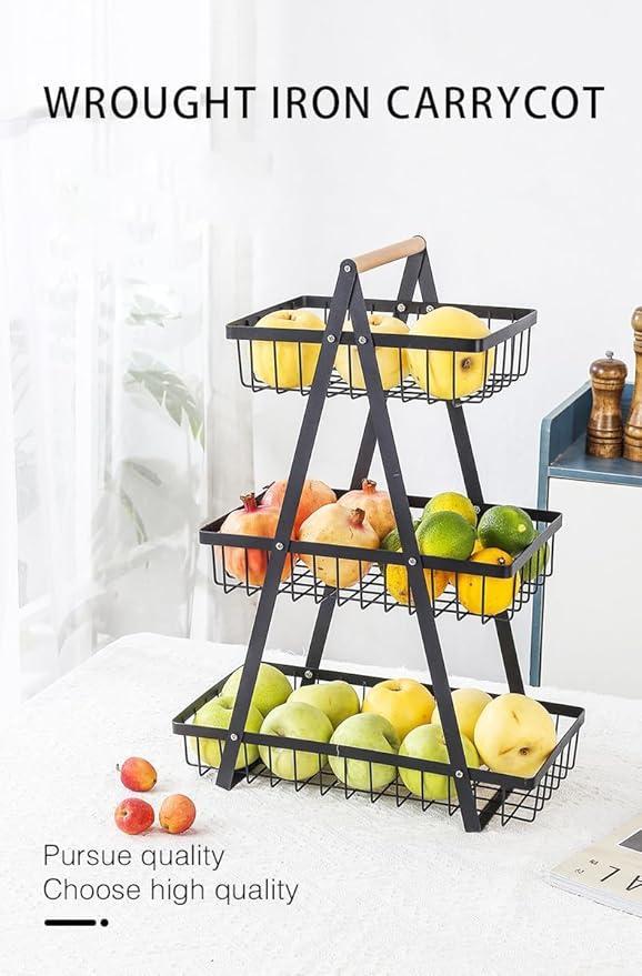 Three-Tier Fruit Basket Black Iron Rust Proof Portable Handle