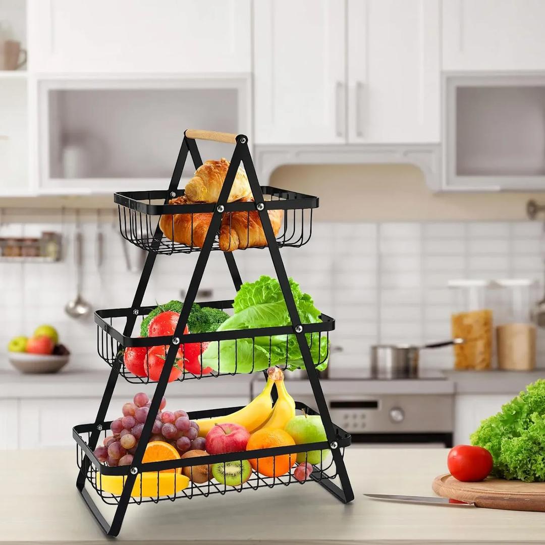 Three-Tier Fruit Basket Black Iron Rust Proof Portable Handle