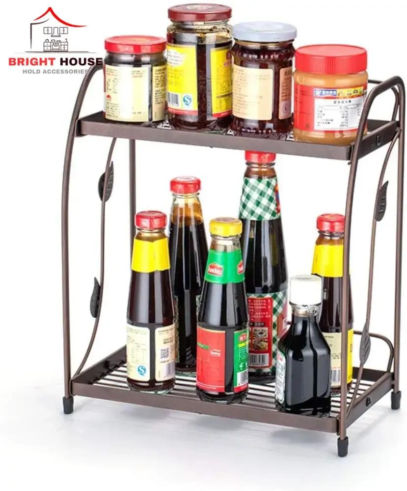 Two Layer Spice Rack Bronze Metal Kitchen Storage