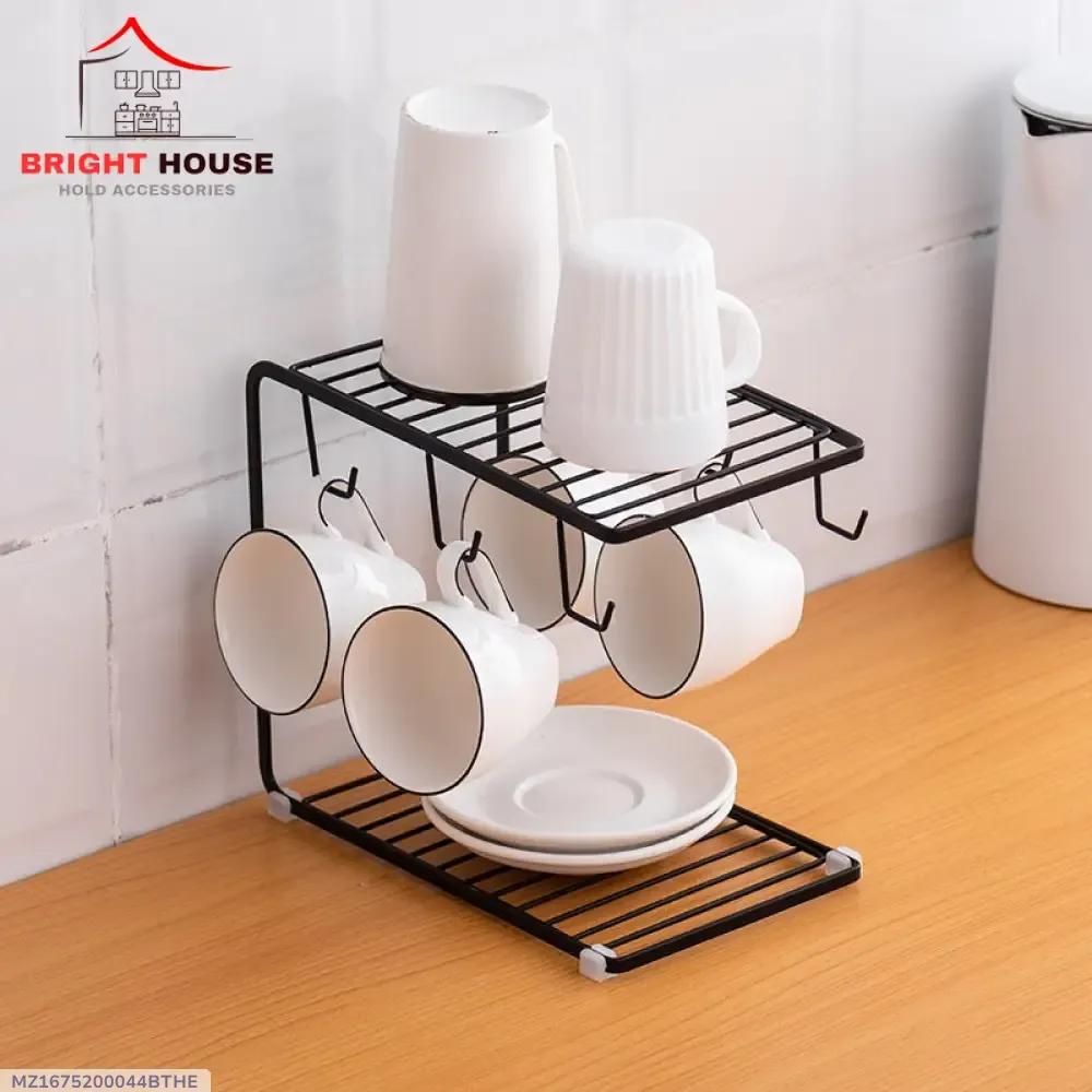 Black Metal Mug Stand with Hanging Hooks for Kitchen