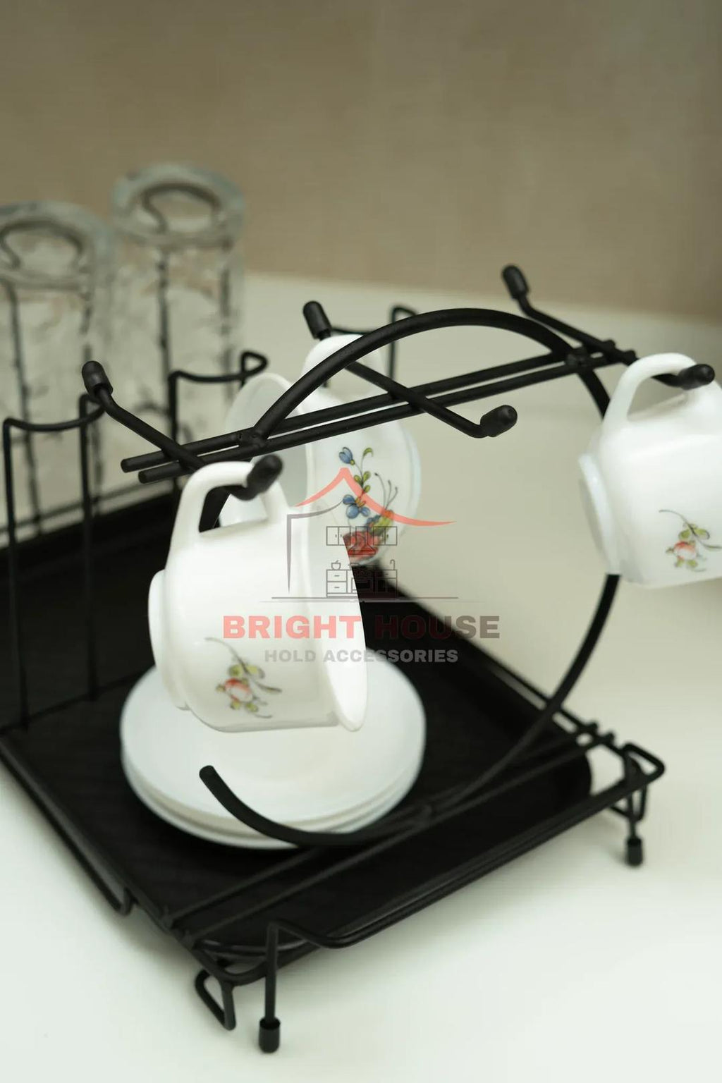 Black Metal Mug & Glass Holder Stand for Kitchen
