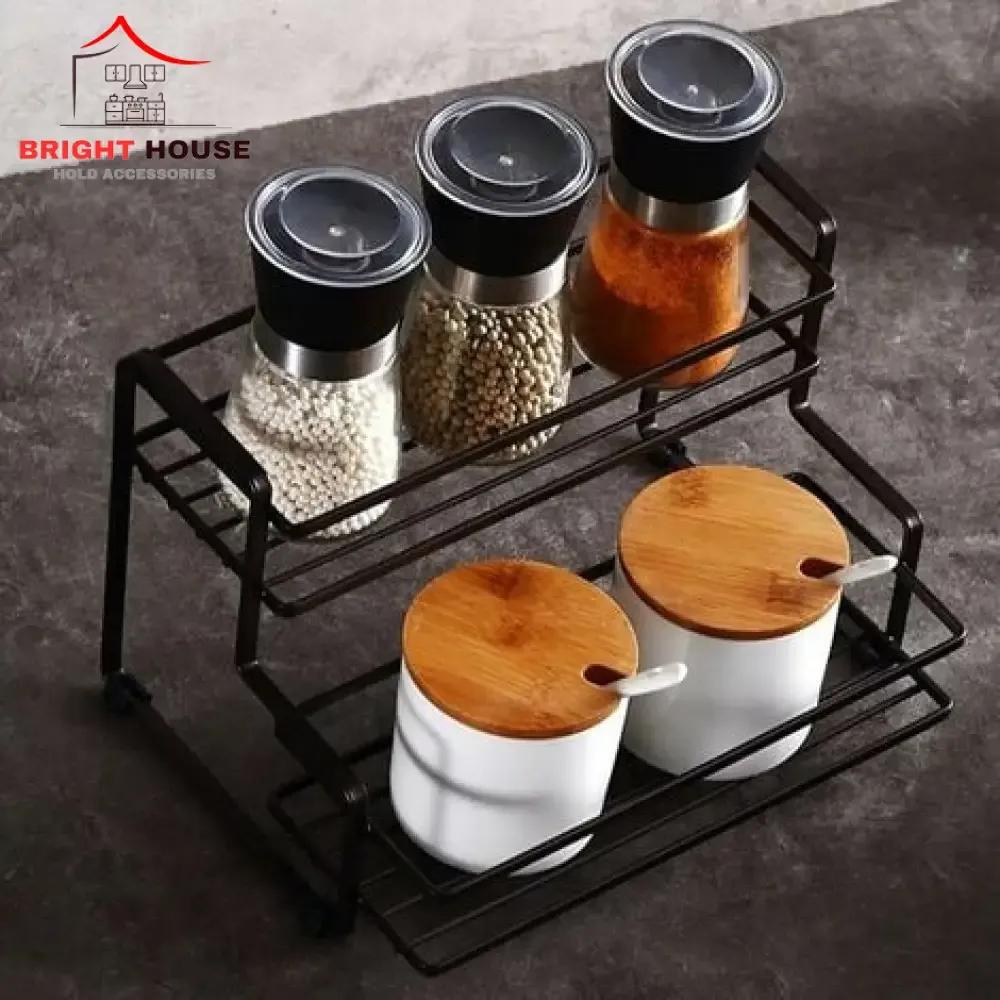 Black Two-Tier Spice Rack for Kitchen Organization