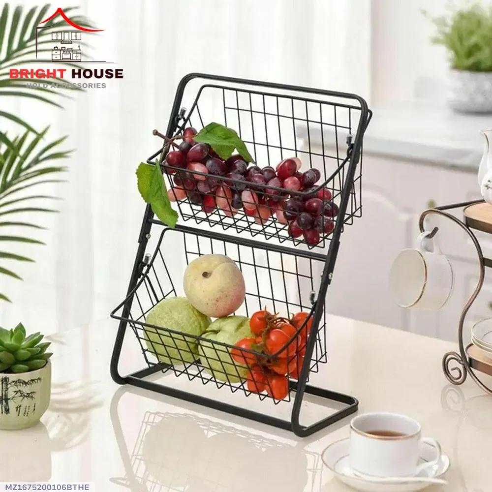 Two Layer Fruit Basket Black Metal Kitchen Organizer