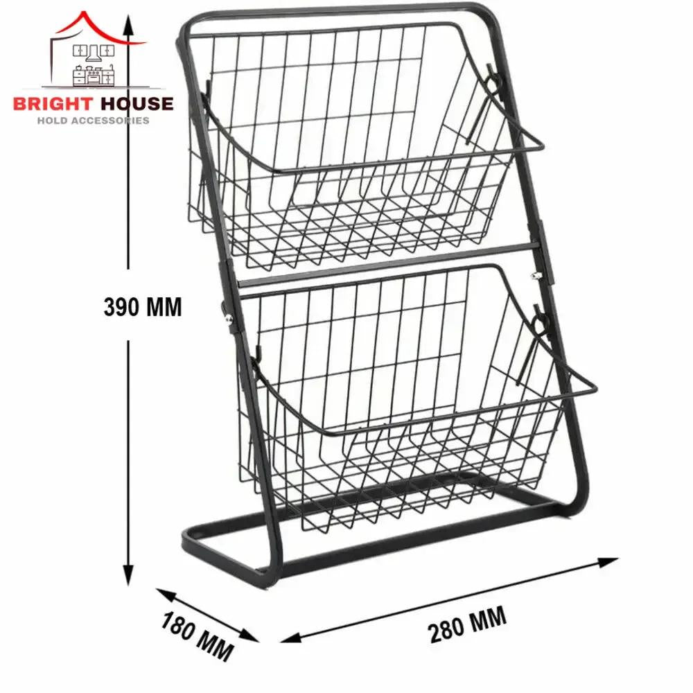 Two Layer Fruit Basket Black Metal Kitchen Organizer
