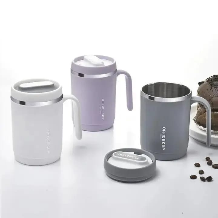 Office Cup: 500ml Double-Walled Stainless Steel Coffee Mug with Ergonomic Handle, Splash-Proof Lid, and Minimalist "Healthy Life" Aesthetic for Home & Workspace