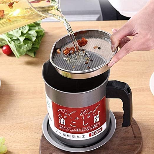 High Quality 1.4L Fryer Oil Filter Pot �Carbon Steel Oil Can with Stainless Steel Strainer Kitchen Storage Jug (Without Box)
