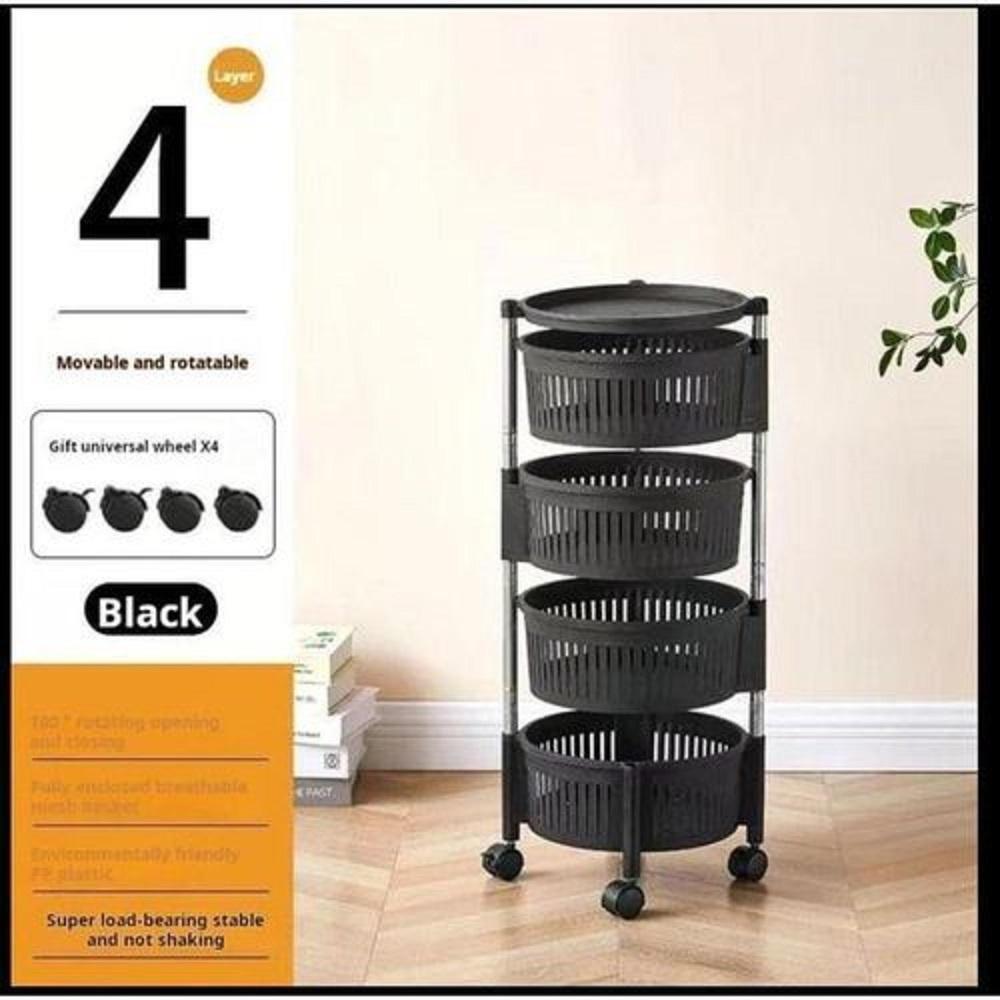 Black 4-Tier Rotatable Fruit Basket with Wheels