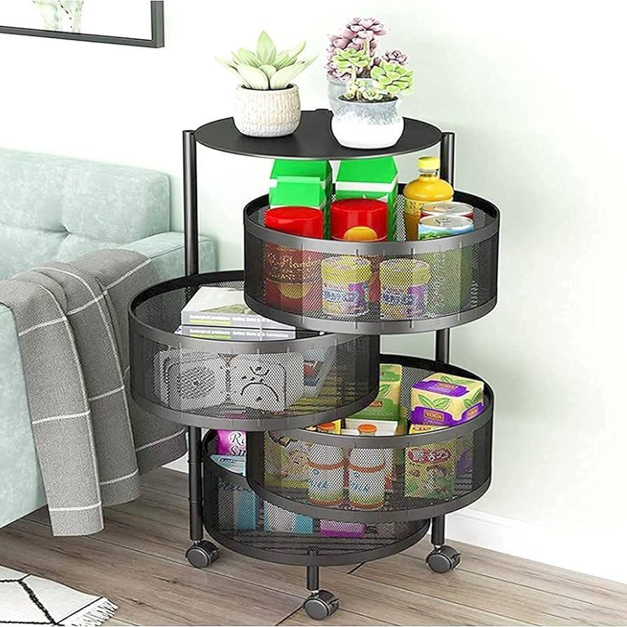 Rotatable 4-Layer Fruit Basket Black Mesh Iron