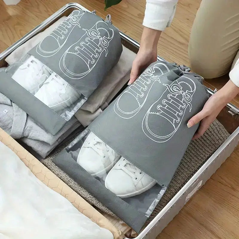 Pack of 01 -?Shoe Bag for Travel &amp; Home Storage �Dustproof Printed Shoe Organizer Pouch in Random Gray �Lightweight, Breathable, and Reusable Shoe Cover for Luggage, Closet, or Gym Use - Grey Color