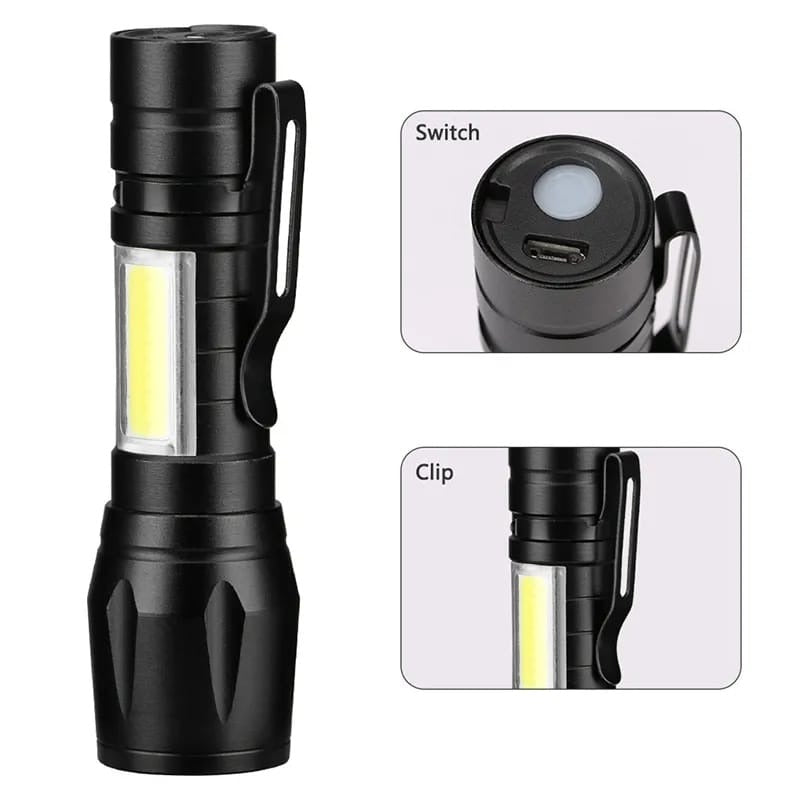 Mini Rechargeable LED Flashlight �Waterproof Torch with USB Fast Charging & Side Lamp (Metal Body)
