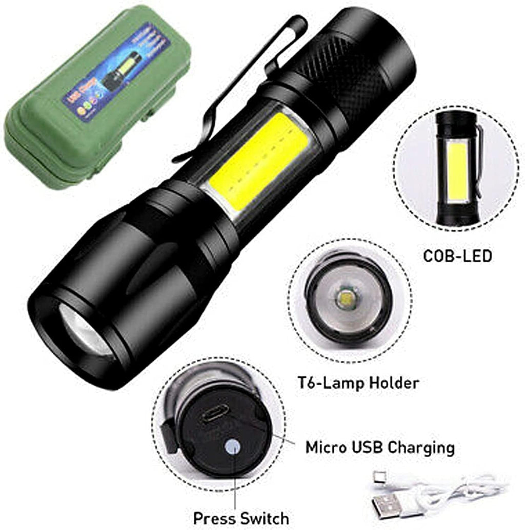 Mini Rechargeable LED Flashlight �Waterproof Torch with USB Fast Charging & Side Lamp (Metal Body)