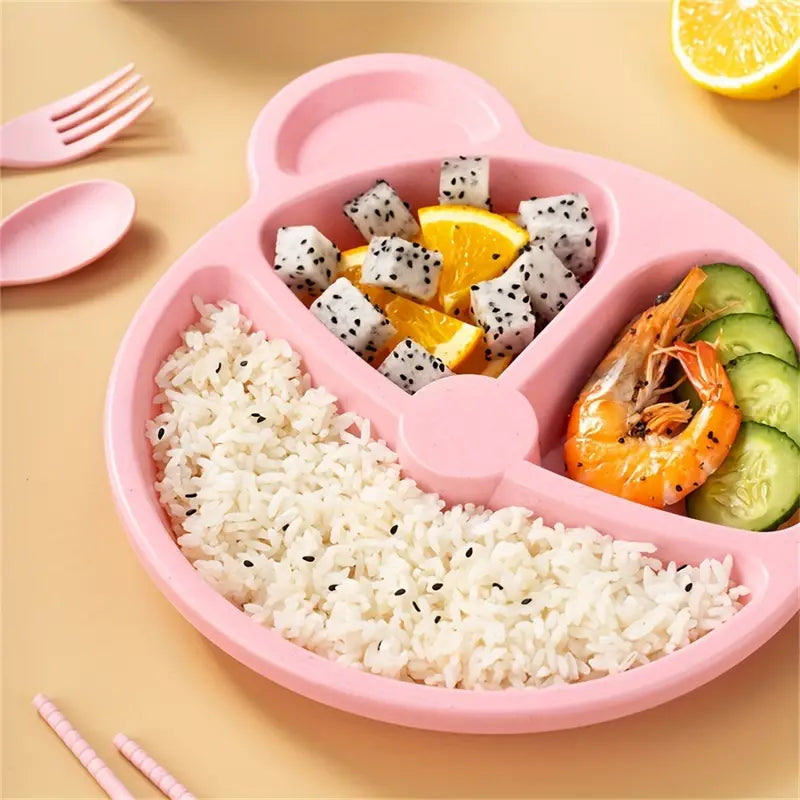 5 Pcs Bear Plate Set - Cartoon compartment dinner plate | Includes Divided Plate, Fork &amp; Spoon, Perfect For Toddlers &amp; Preschoolers (Random color)