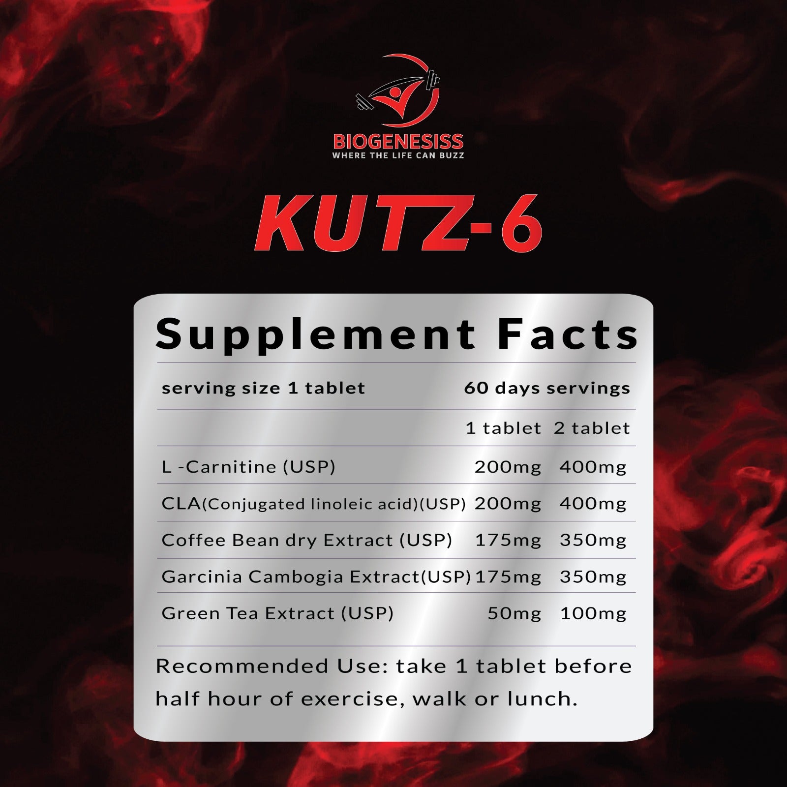 BIOGENESISS KUTZ-6 Extreme Thermogenic Fat Burner �Advanced Metabolic Support & Energy Booster for Weight Management (60 Dietary Tablets)