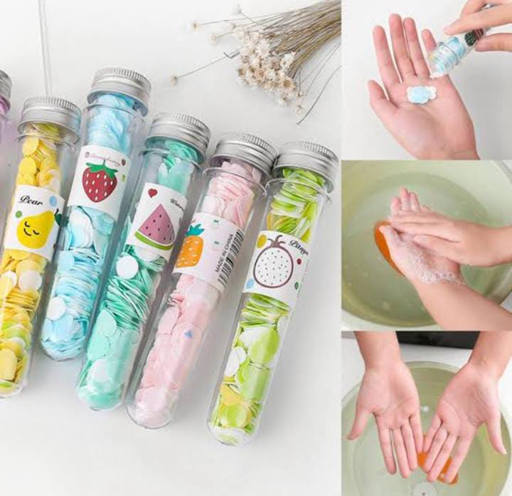 100 PCS Disposable Flower Paper Soap With Portable Tube Bottle �Multi-Color Travel Soap Sheets For Hand Washing, Camping, And Outdoor Use ( Random Color )