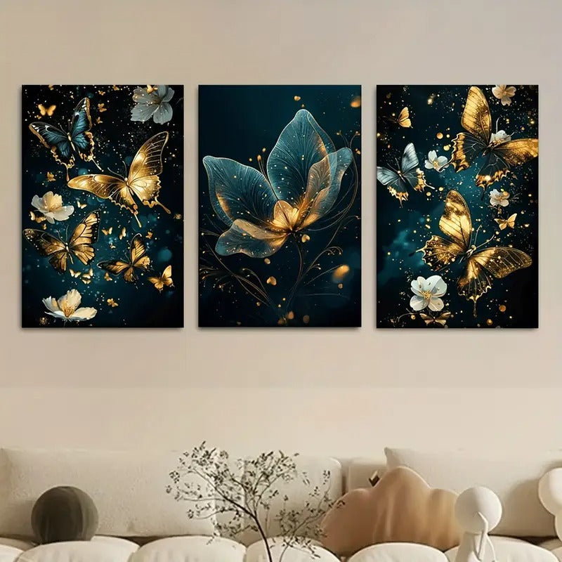 Butterfly Floral Wall Art �3-Piece 8x11�Wooden Sticky Tile Panels with Adhesive Tape for Easy Mounting