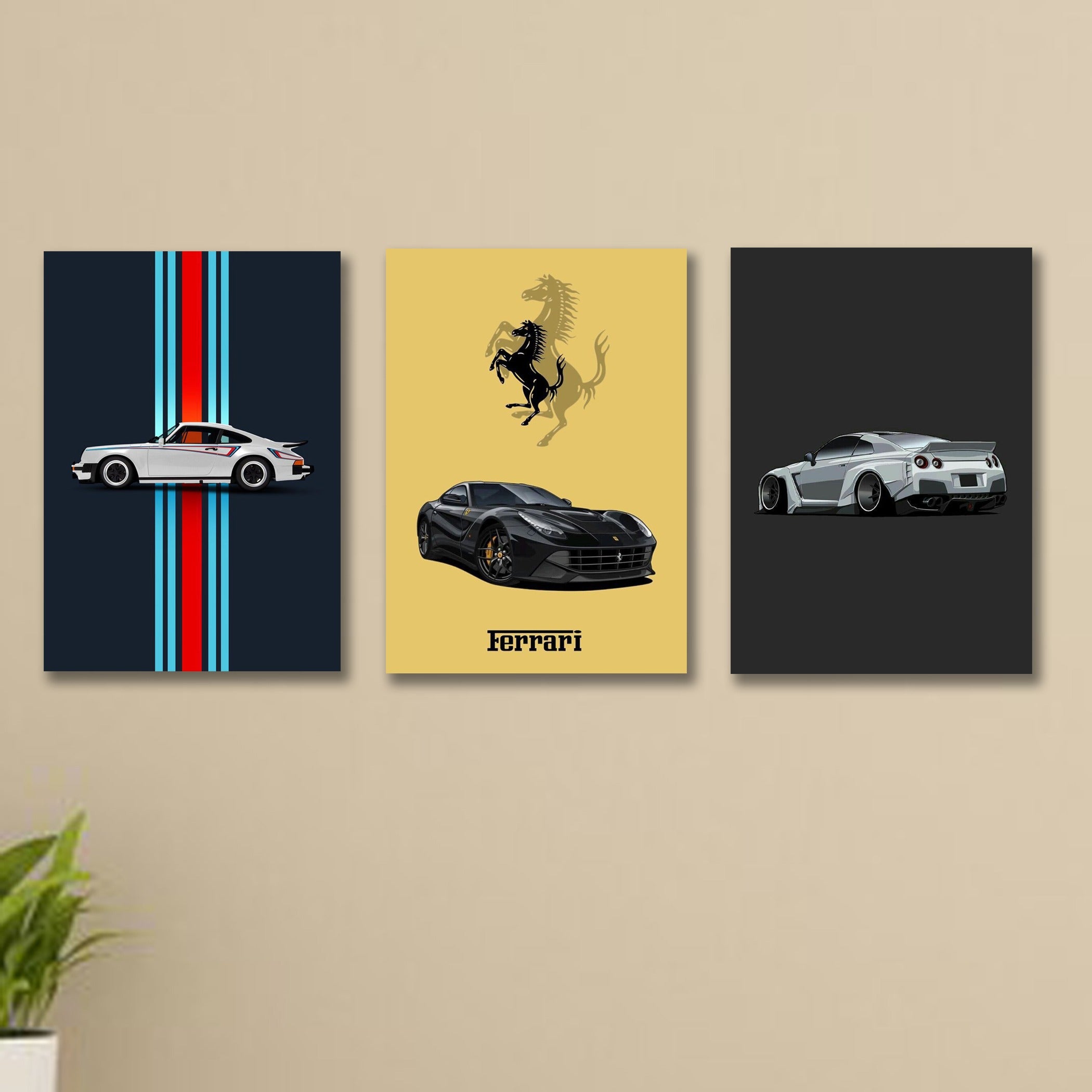 set of 3 sports cars wooden canvas frames for wall decore / sticky phototiles