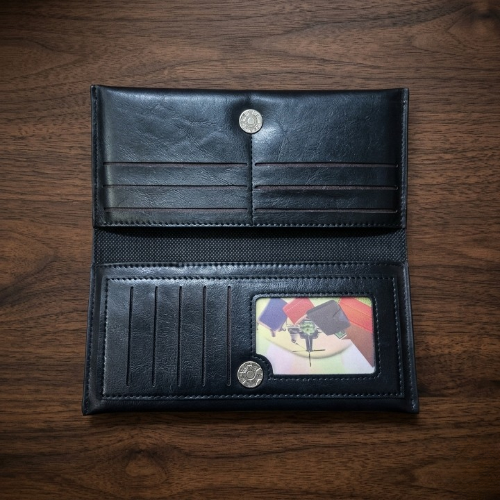 Premium Genuine Black Leather Long Wallet �Elegant Bi-Fold Business Clutch & Travel Organizer for Men