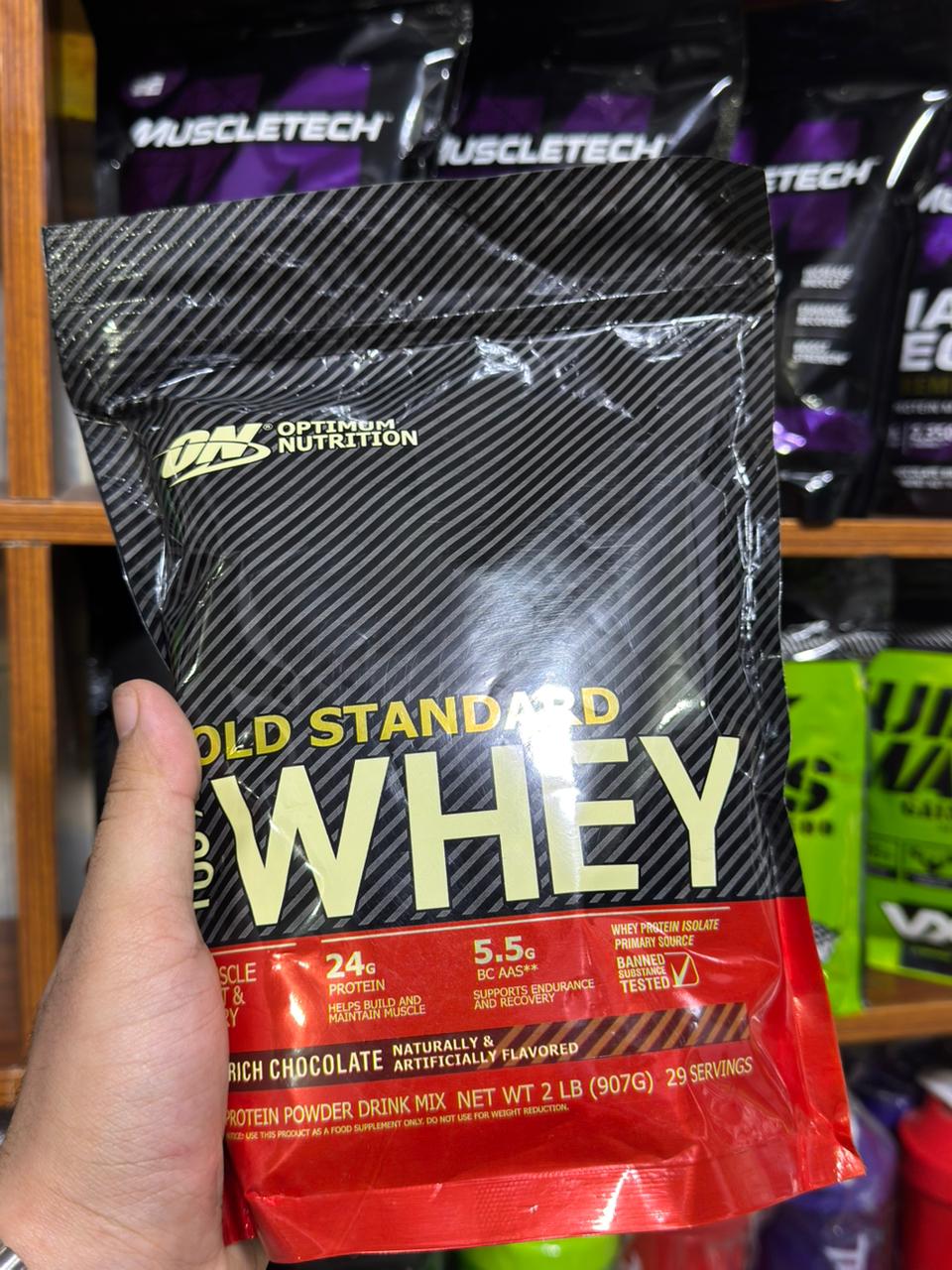 Optimum Nutrition ON Whey Powder Gold Standard Chocolate Flavor 1kg 2lbs Pouch For Muscle Gain