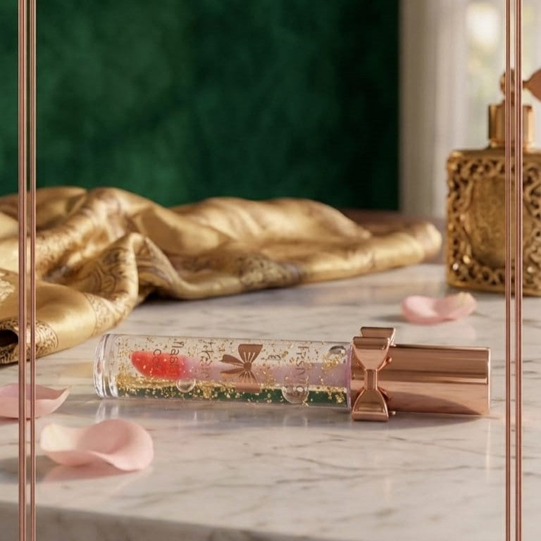Luxury Pink Glossy Lip Oil With Gold Flakes High Shine Moisturizing Formula