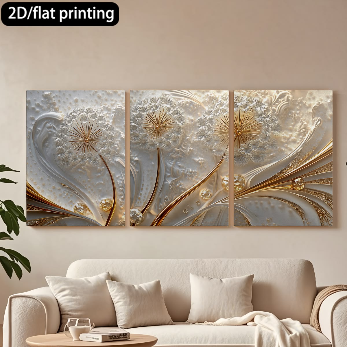 Luxury 3-Piece Floral Wall Frame Set �Gold & Pearl Dandelion Art on Textured Background 8 X 11