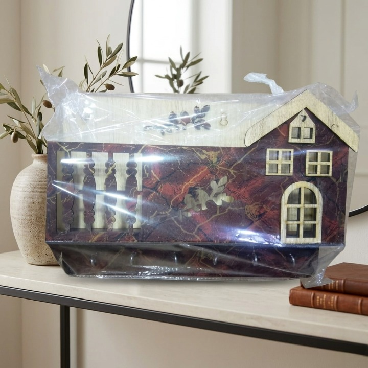 Decorative Wooden House Key Holder �Wall Mounted Key Organizer with 6 Hooks & Marble Finish Design