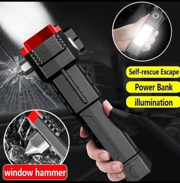 High-Power LED Torch Light �Rechargeable Flashlight with Tactical Hammer & Power Bank With Box, Random color
