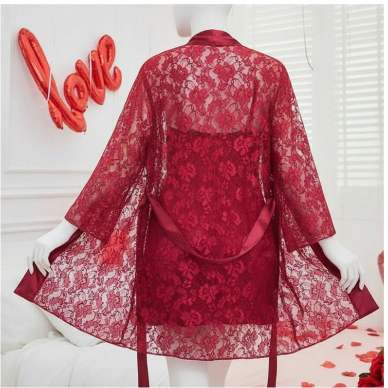 Soft Lace Robe & Silk Inner �2 Piece Transparent Net Gown Set | Free Size (Fits Up to 38�Chest) | DC-2052 - Maroon