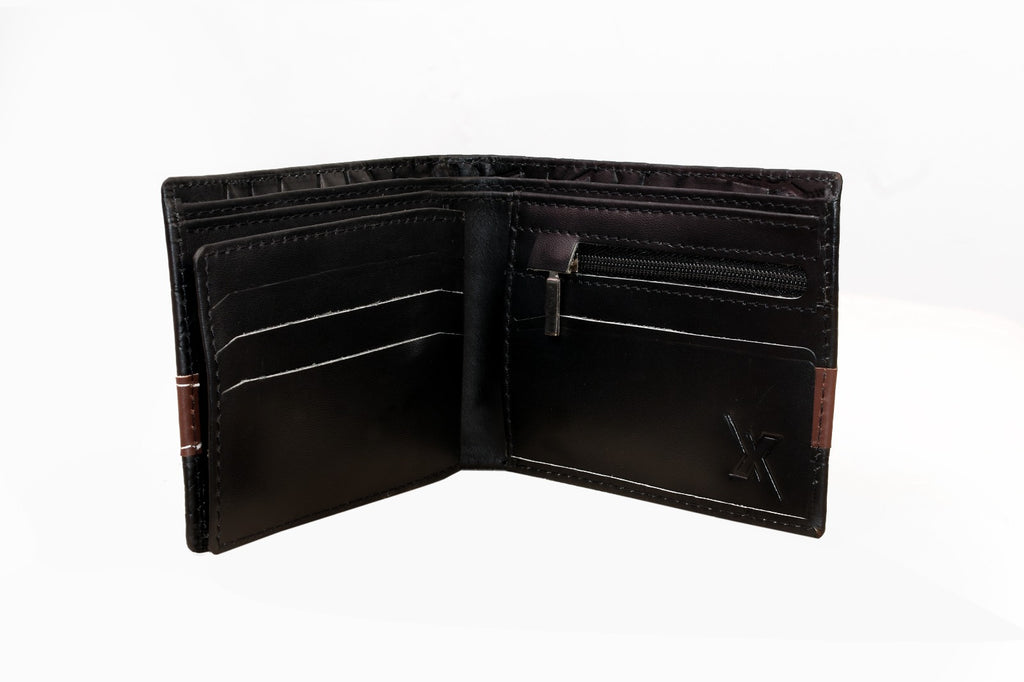 Men? Croc-Texture Cow Leather Wallet �Black with Maroon Strip | Stylish Bifold Slim Wallet