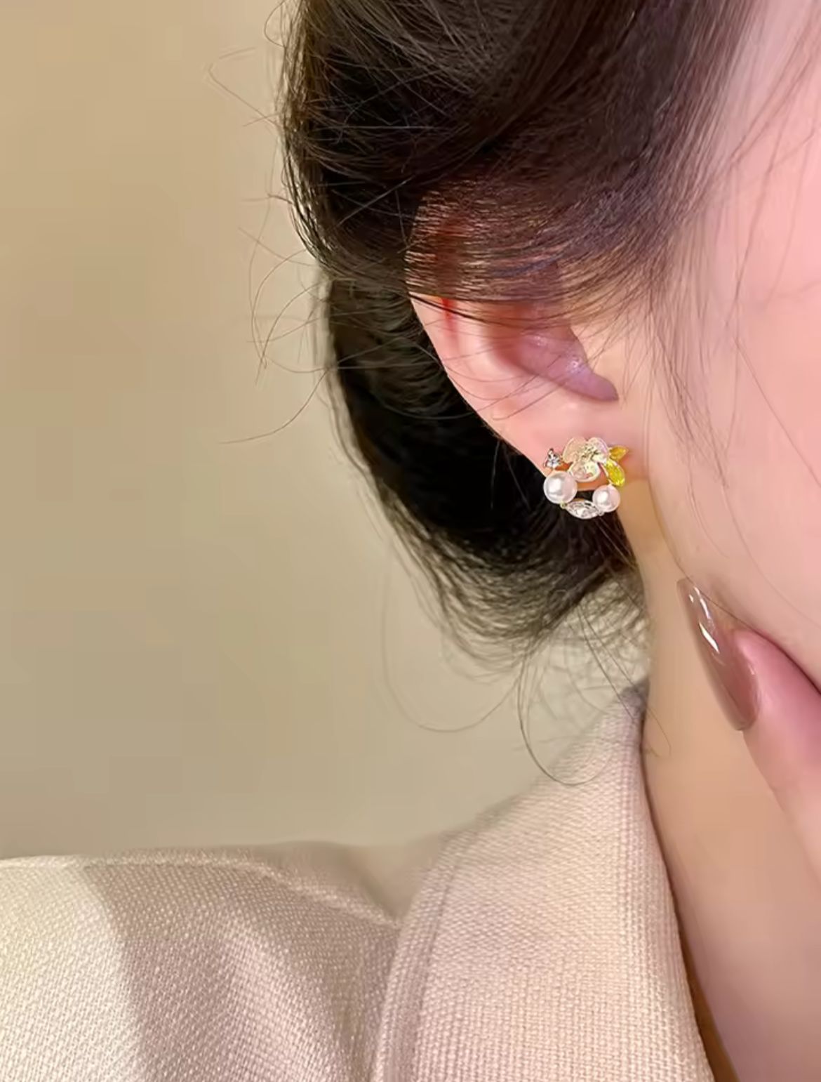AWT-118 Korean Leaf Sparkling Pearl Earrings � | Elegant Leaf Design With Premium Pearls, Perfect for Daily Wear, Parties & Special Occasions red