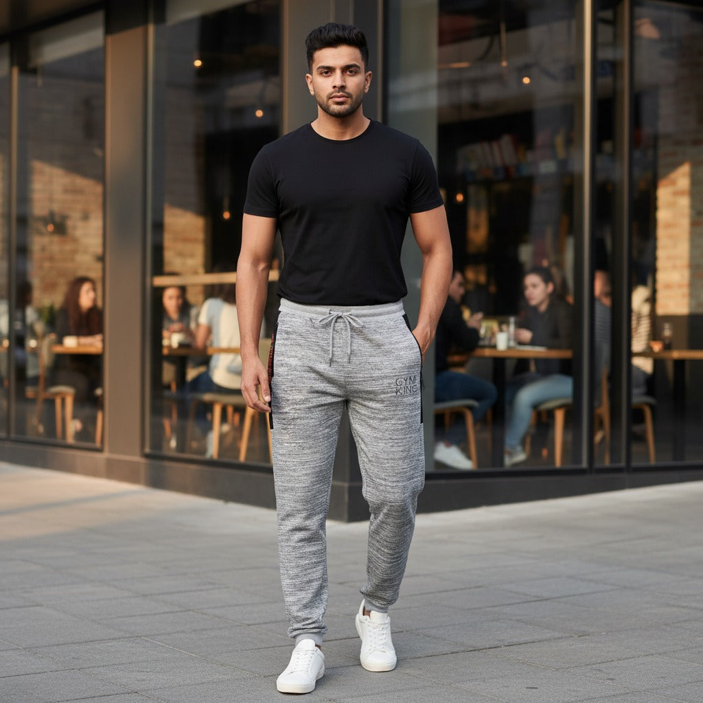 GYM KING Men? Jogger Trousers | Premium French Terry Fabric | Stylish Grey Melange Slim-Fit Sweatpants for Gym, Sports & Casual Wear