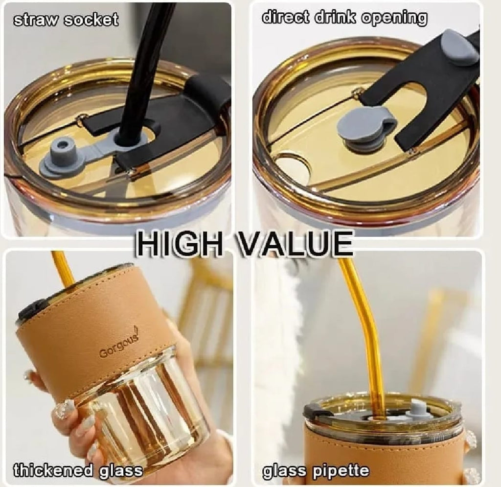 Reusable Coffee Mug with Straw �Leakproof Lid & Heat-Resistant PU Leather Sleeve for Hot & Cold Drinks (300ml)