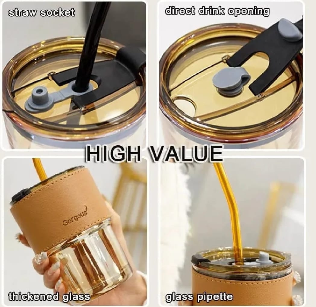 Reusable Coffee Mug with Straw �Leakproof Lid & Heat-Resistant PU Leather Sleeve for Hot & Cold Drinks (300ml)