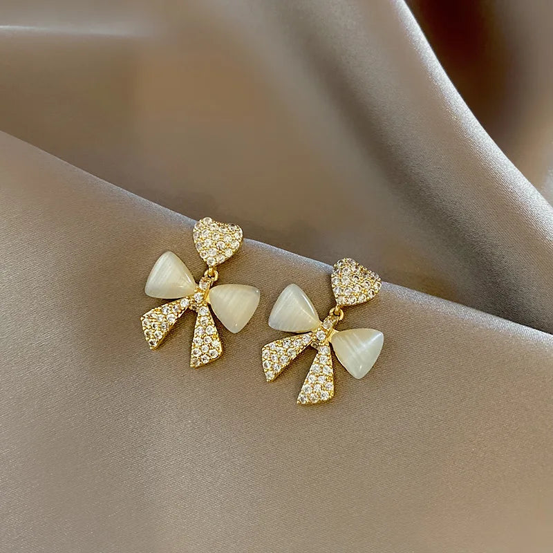 Heart Bow Zircon Korean Stud Earrings for Women �Elegant Golden Alloy Earrings Without Box