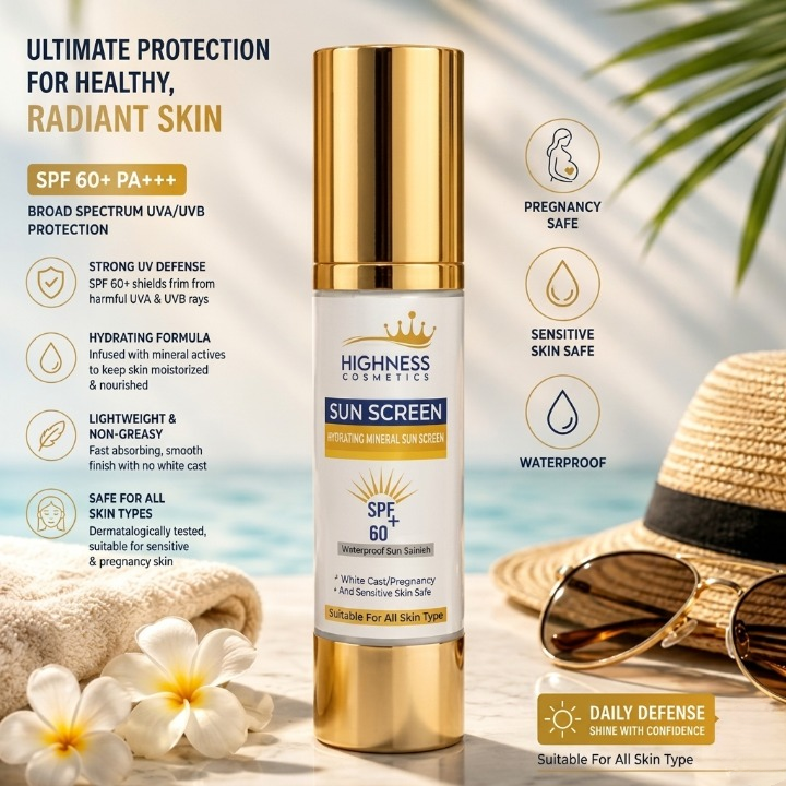 Highness Cosmetics Hydrating Mineral Sunscreen SPF 60 Plus PA Triple Premium Royal Shield Formulaested Formula 100ml