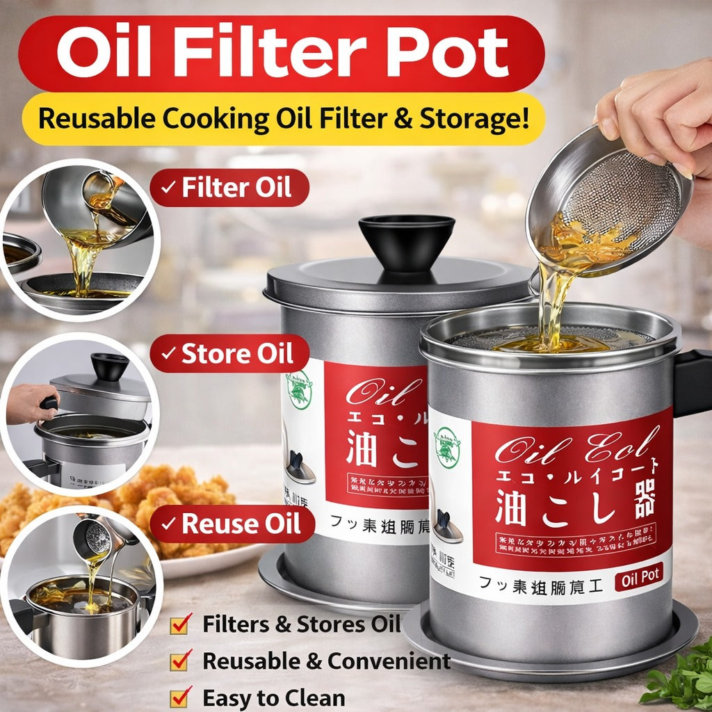High Quality 1.4L Fryer Oil Filter Pot �Carbon Steel Oil Can with Stainless Steel Strainer Kitchen Storage Jug (Without Box)