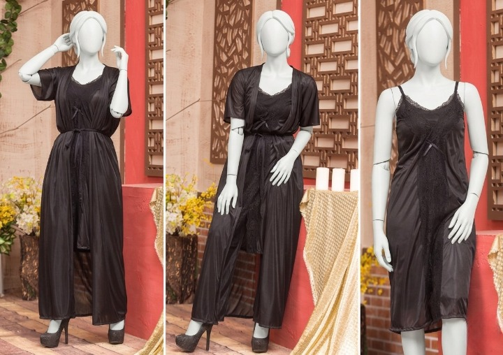 3 Pcs Premium Silk Nightwear Set With Lace | Satin Camisole & Shorts Sleepwear Free Size -  SKU R-007 Black