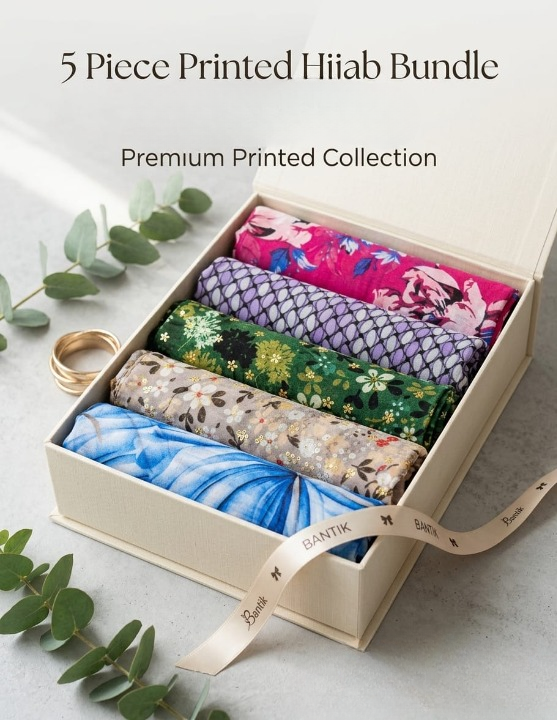 5-Piece Printed Lawn Hijab Bundle with 4-in-1 Multi-Color Inner Cap �Soft Premium Lawn Scarves for Women | Random Color Mix Print
