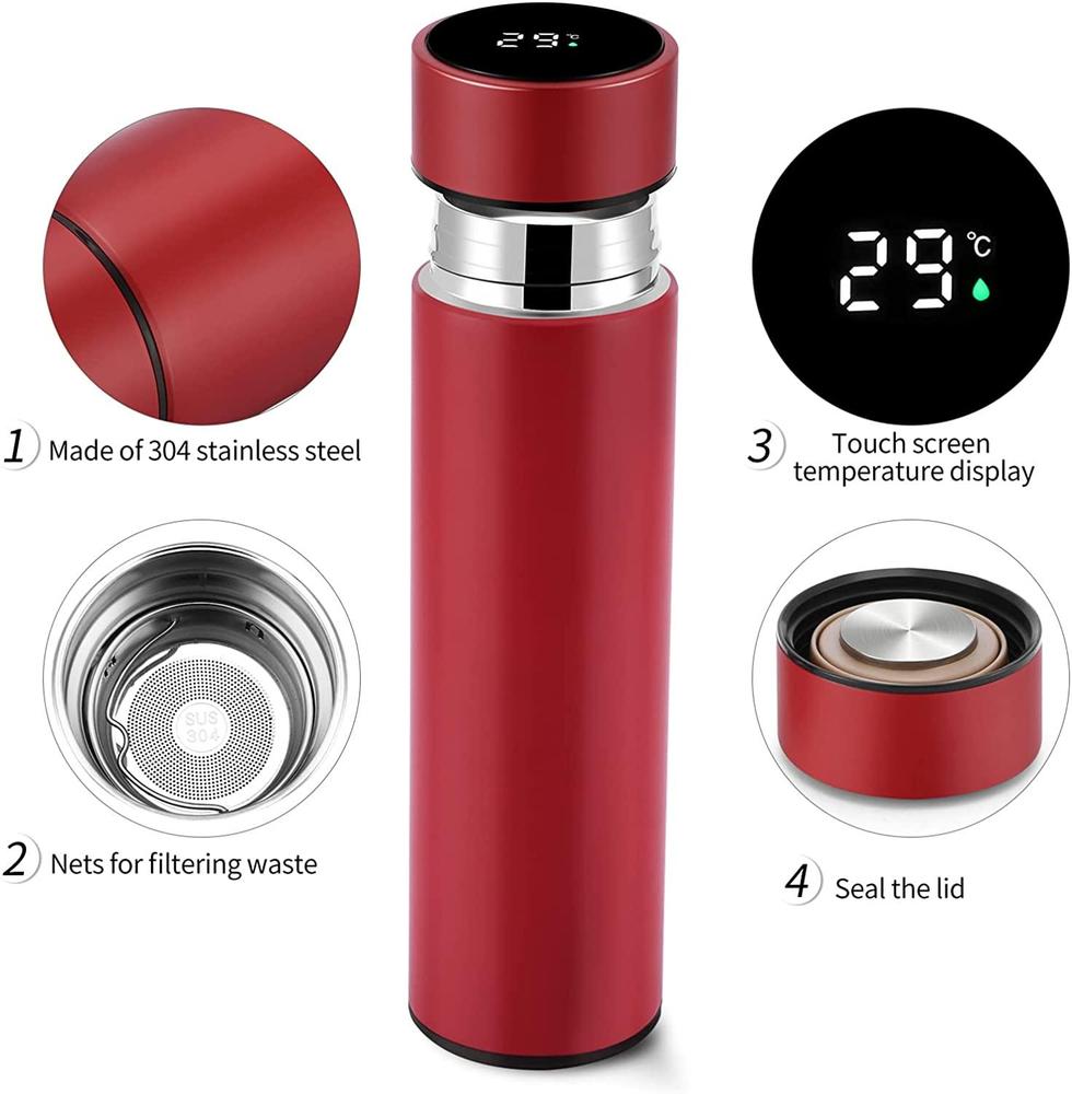 Digital Thermos Bottle Red Stainless Steel 500ml