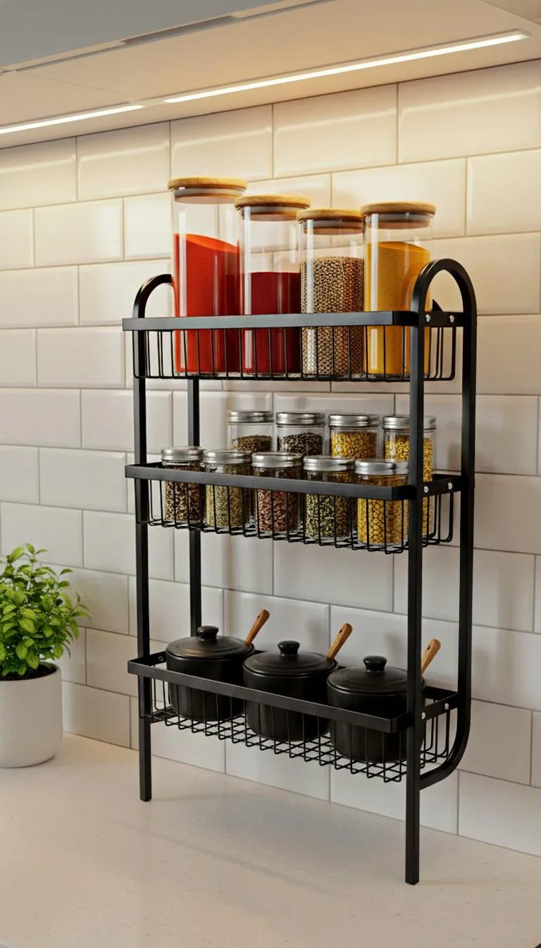 Wall Mounted Spice Rack Black Stainless Steel 3 Tier